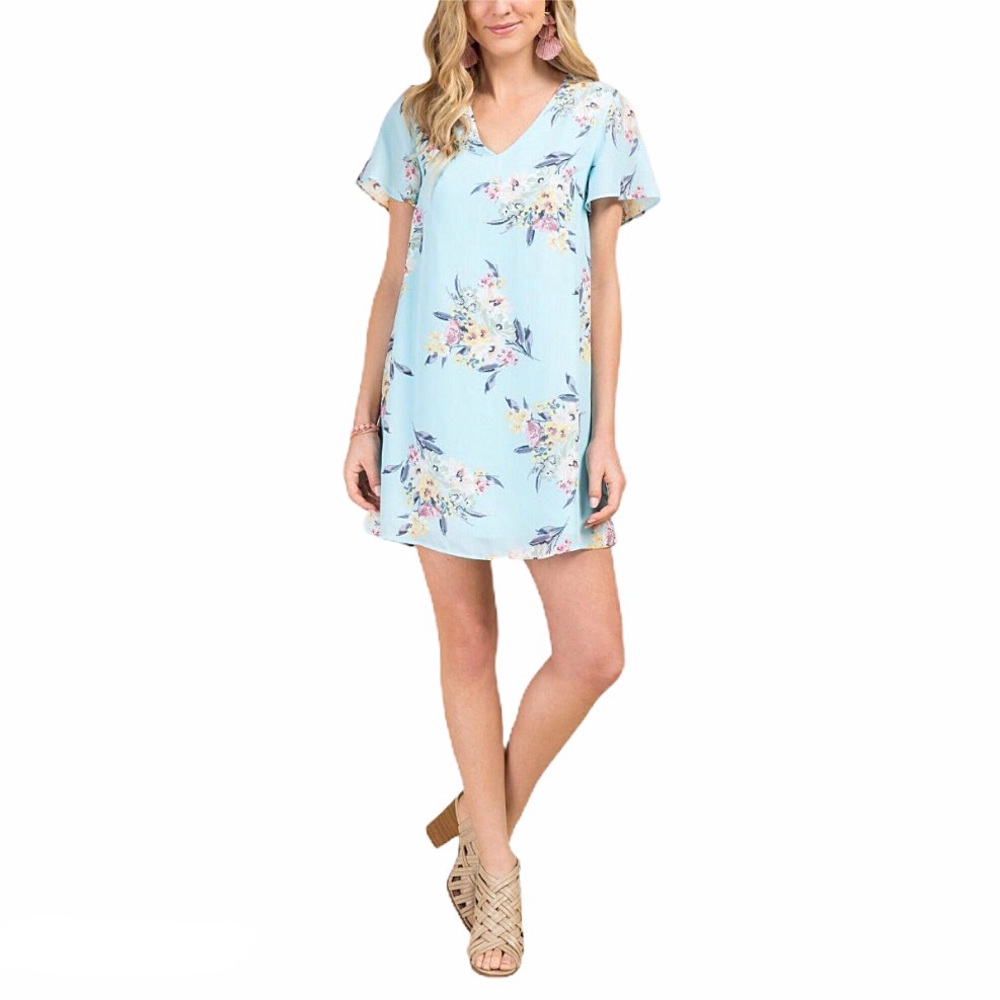 Francesca’s Miami Blue Floral Ruffled Shift Dress